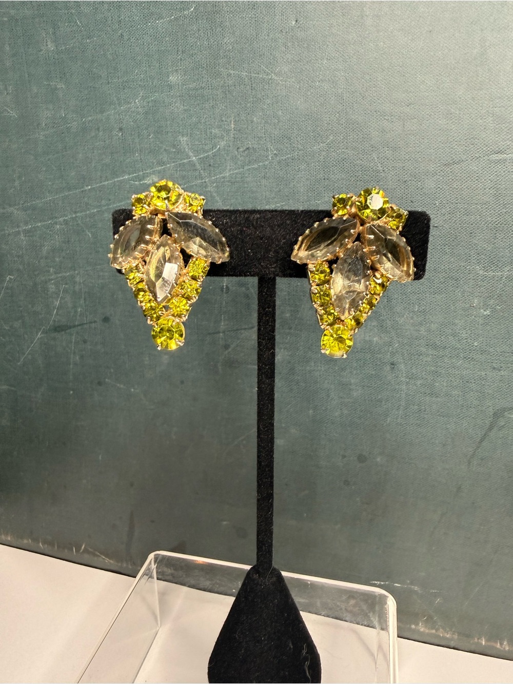 VTG Green Rhinestone Clip On Earrings by Madeleine